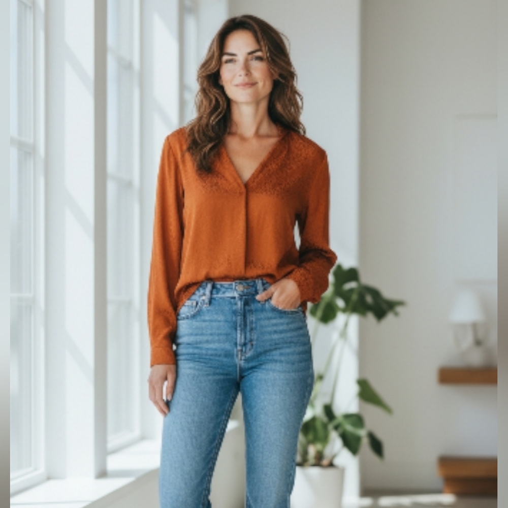 🎉 3/$60 Aritzia Babaton Textured Rust Blouse Size XS
